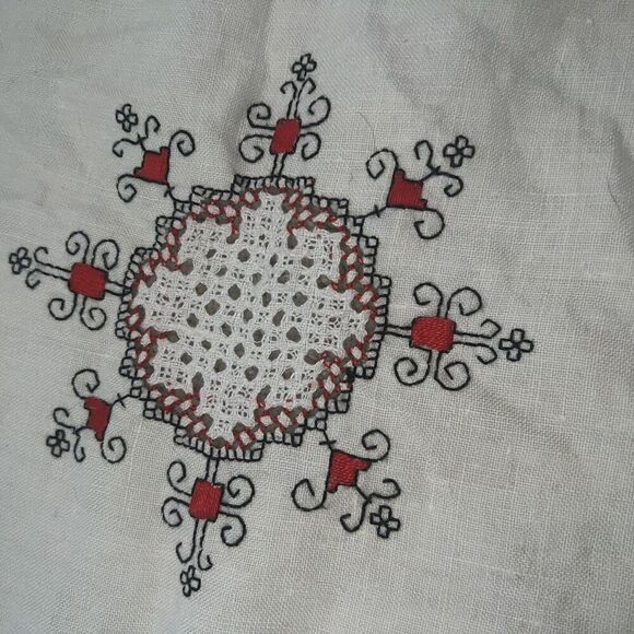 Antique Arts & Crafts Handmade Crewel Embroidered Flax Linen Tablecloth 55”x55” - Picture 5 of 8